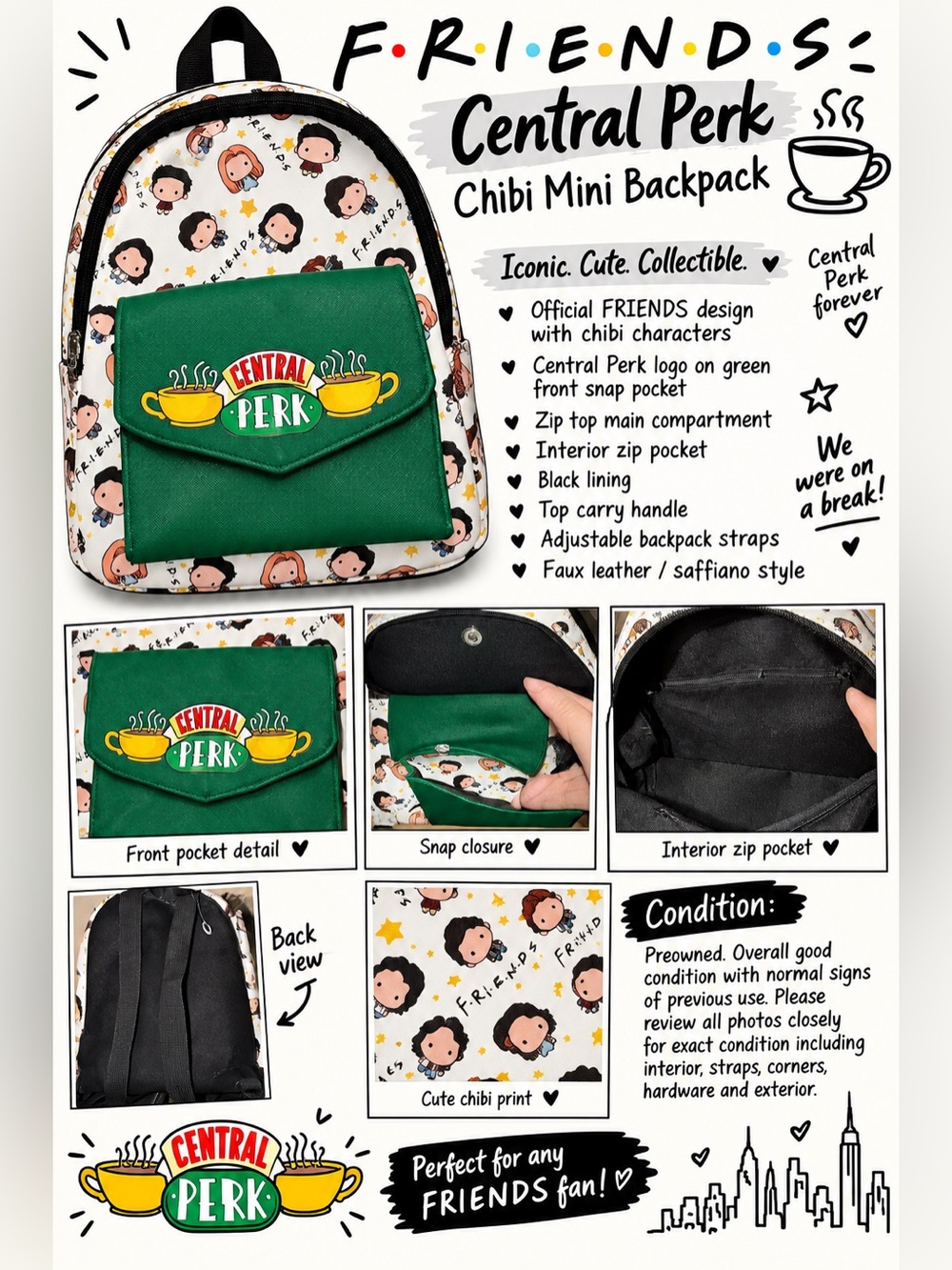 FRIENDS Central Perk Chibi Mini Backpack Green White Faux Leather TV Show